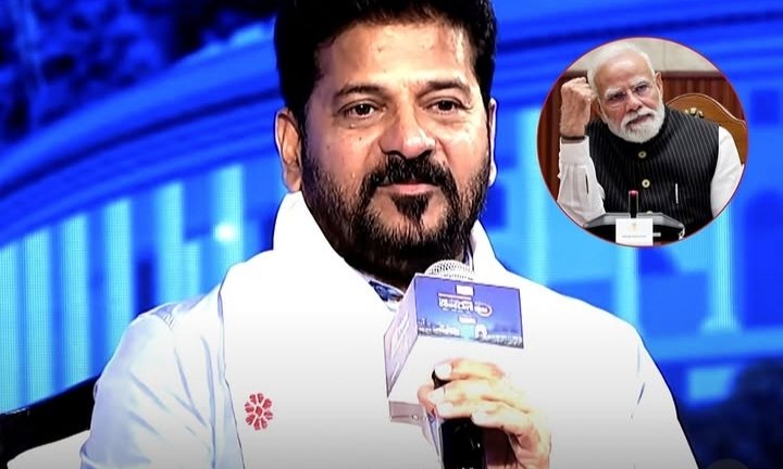 Telangana CM Revanth Reddy speaking about Telangana development projects, with PM Narendra Modi shown in the background