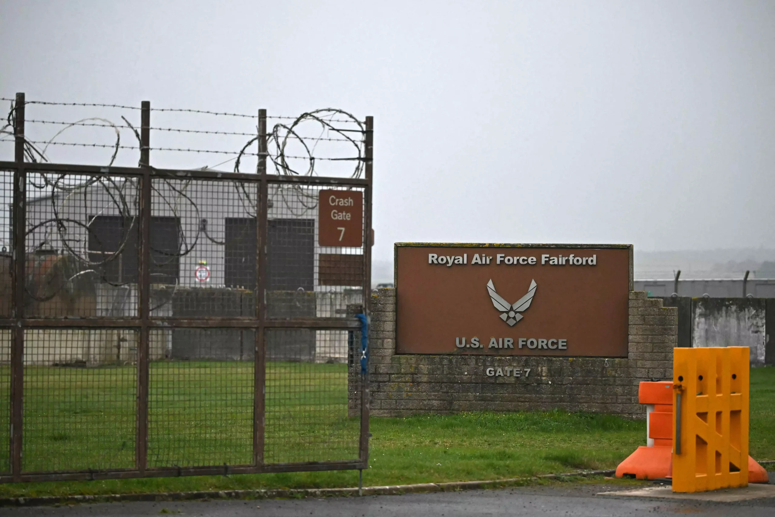 Royal Air Force Fairford gate with US Air Force sign amid reports of US bombers being pulled from the UK airbase.